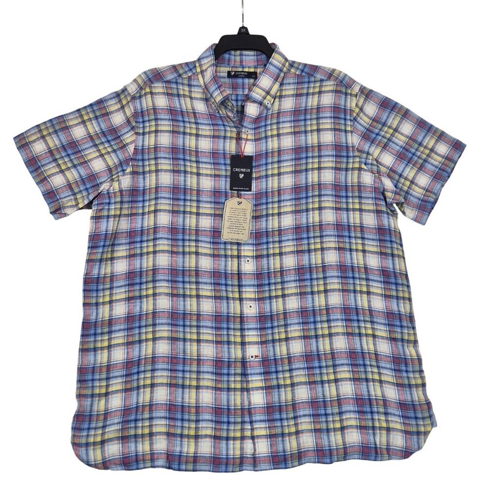 Cremieux Classics Men's Shirt Size XL French Linen Short Sleeve Plaid Blue (63)
